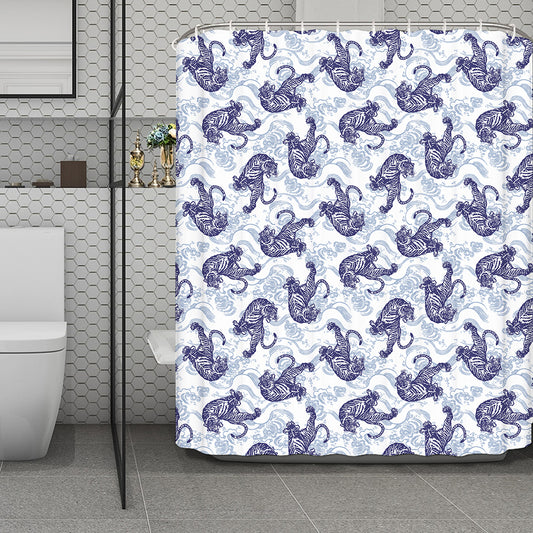 Japanese White Tiger Pattern Print Polyester Shower Curtain