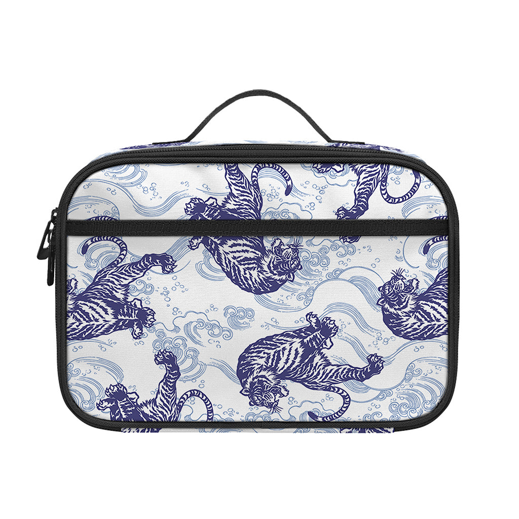 Japanese White Tiger Pattern Print Portable Lunch Bag