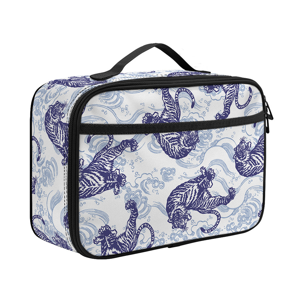 Japanese White Tiger Pattern Print Portable Lunch Bag