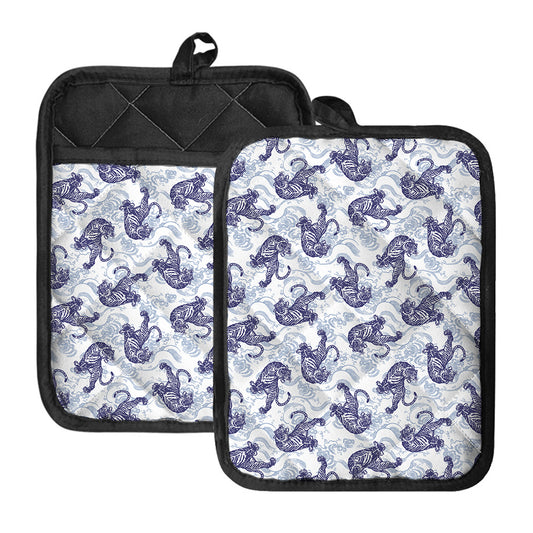 Japanese White Tiger Pattern Print Pot Holders With Pocket
