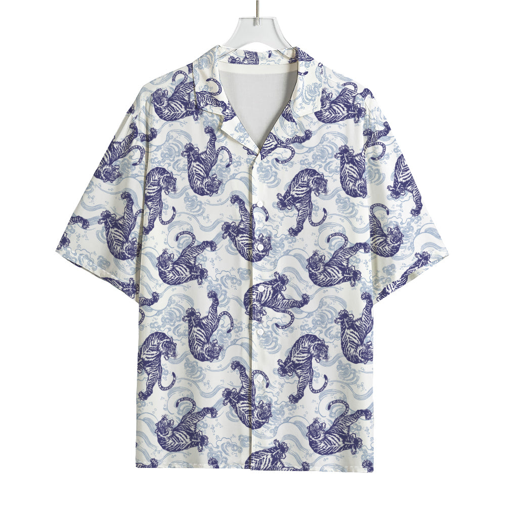 Japanese White Tiger Pattern Print Rayon Hawaiian Shirt