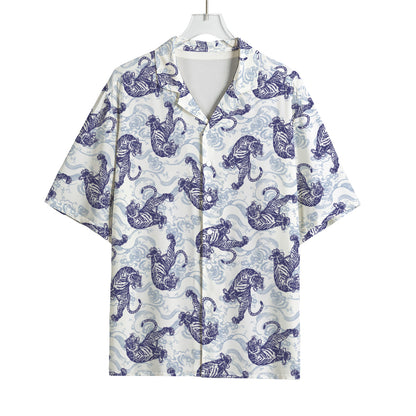 Japanese White Tiger Pattern Print Rayon Hawaiian Shirt