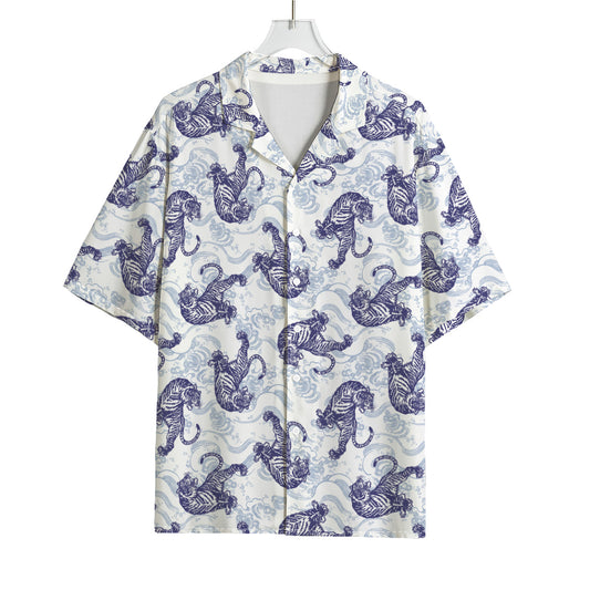 Japanese White Tiger Pattern Print Rayon Hawaiian Shirt