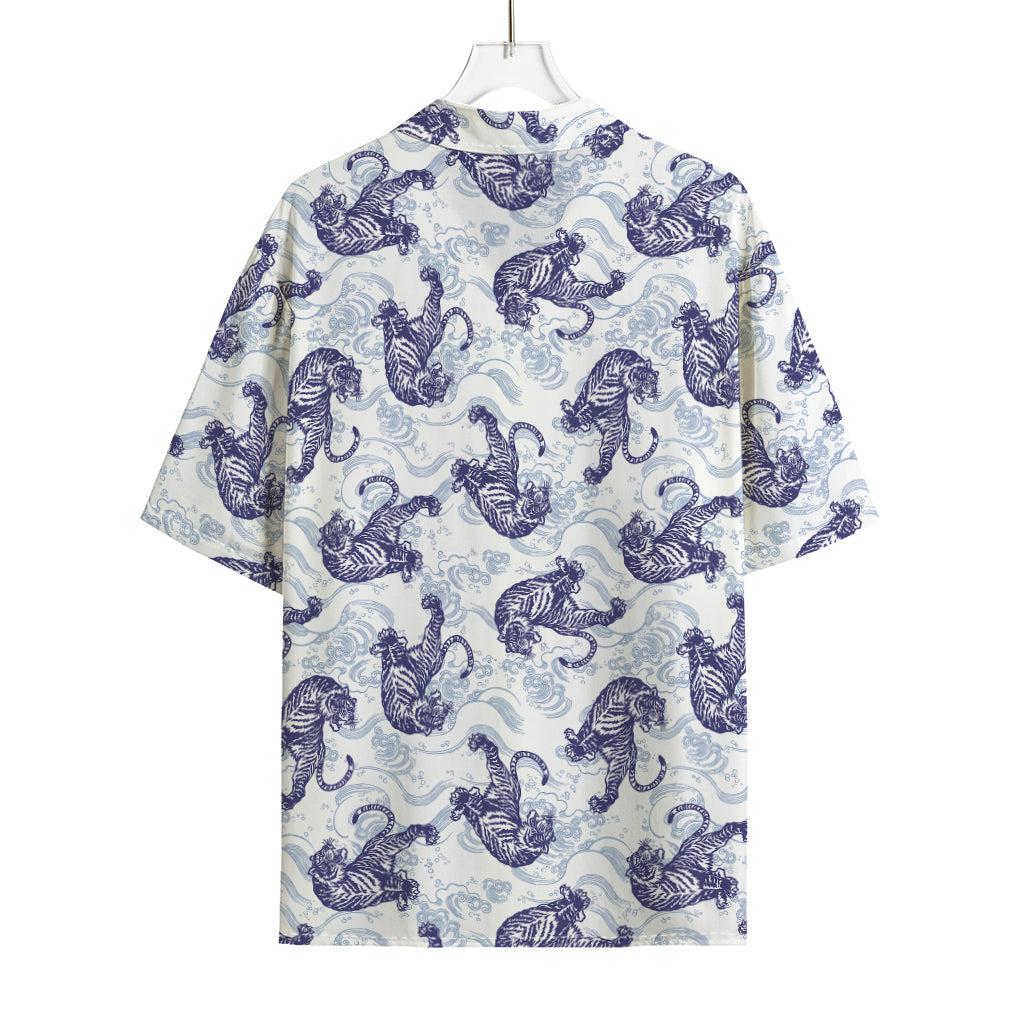 Japanese White Tiger Pattern Print Rayon Hawaiian Shirt