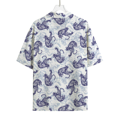 Japanese White Tiger Pattern Print Rayon Hawaiian Shirt