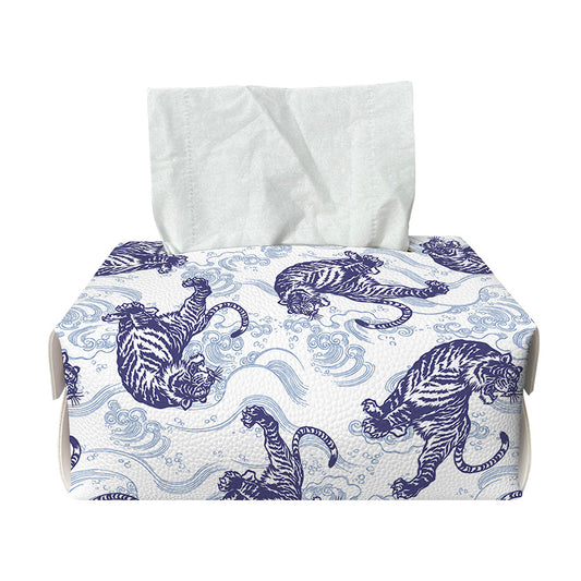 Japanese White Tiger Pattern Print Rectangle Tissue Box Cover