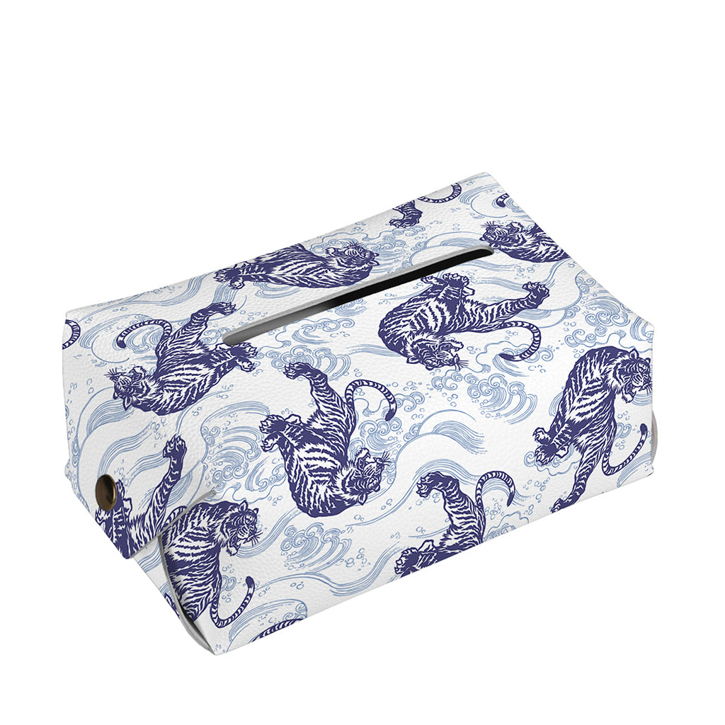 Japanese White Tiger Pattern Print Rectangle Tissue Box Cover