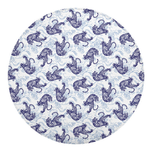 Japanese White Tiger Pattern Print Round Blanket