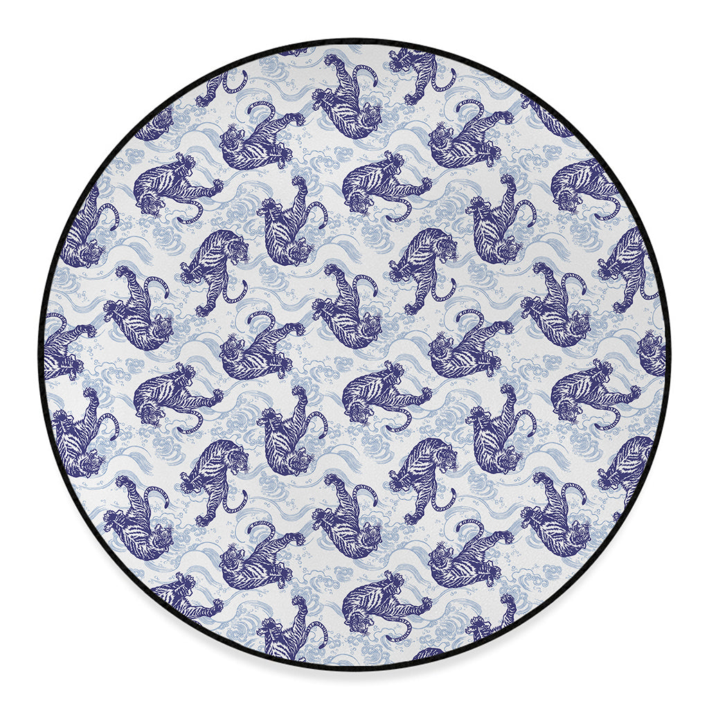 Japanese White Tiger Pattern Print Round Floor Mat