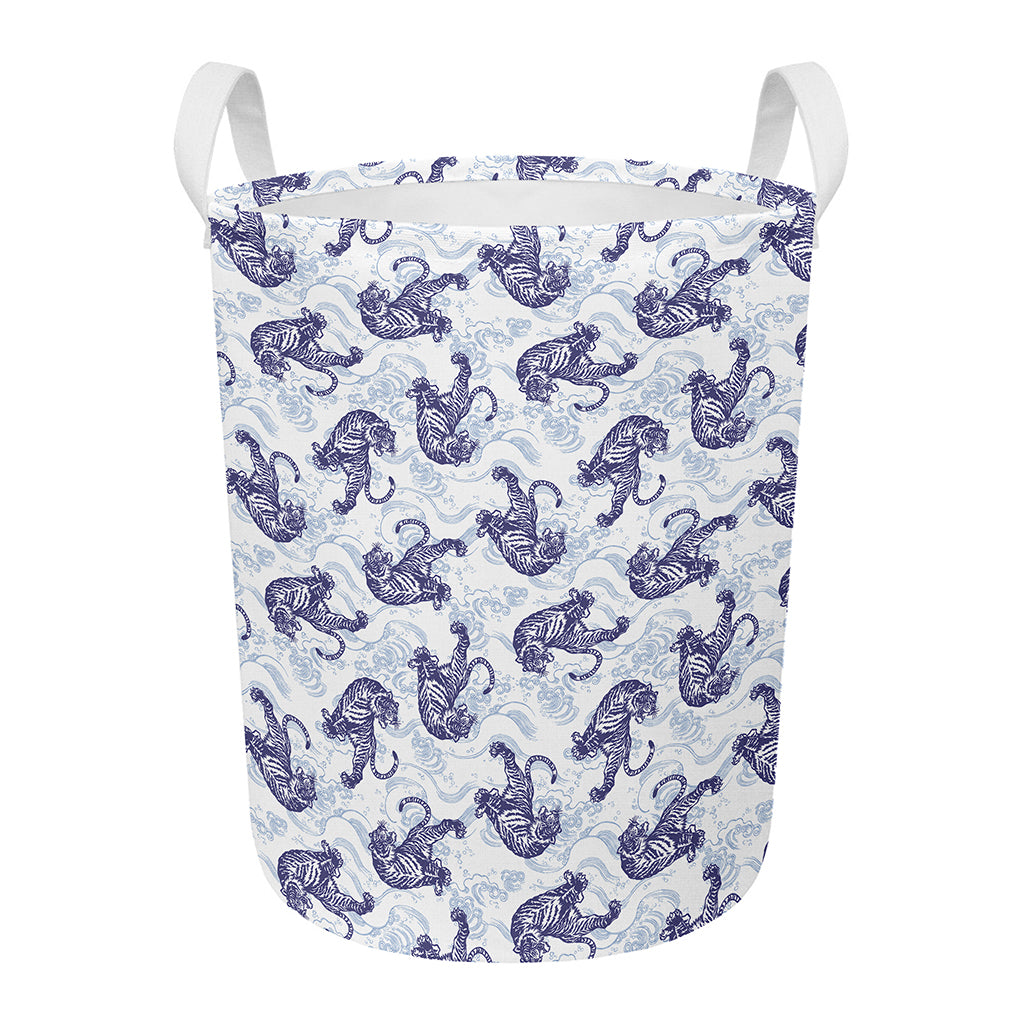 Japanese White Tiger Pattern Print Round Laundry Basket