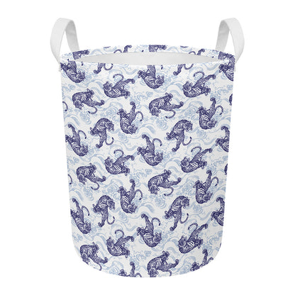 Japanese White Tiger Pattern Print Round Laundry Basket