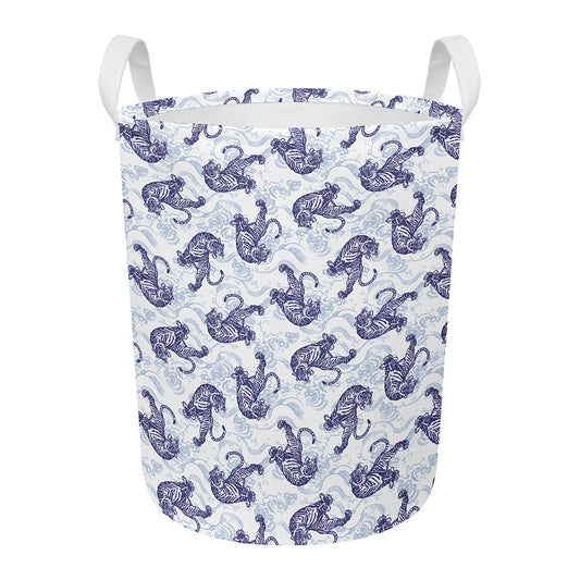 Japanese White Tiger Pattern Print Round Laundry Basket