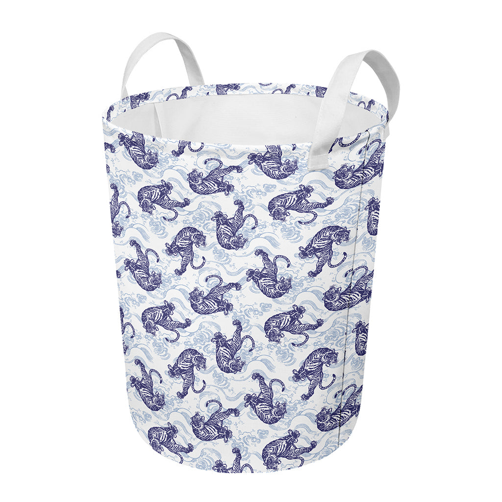 Japanese White Tiger Pattern Print Round Laundry Basket