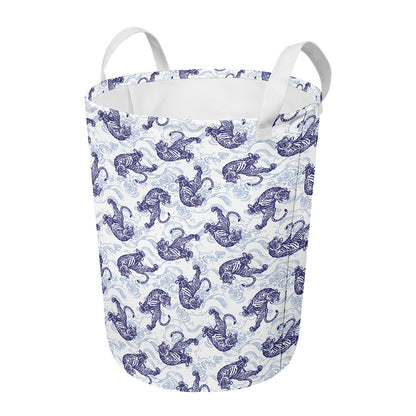 Japanese White Tiger Pattern Print Round Laundry Basket