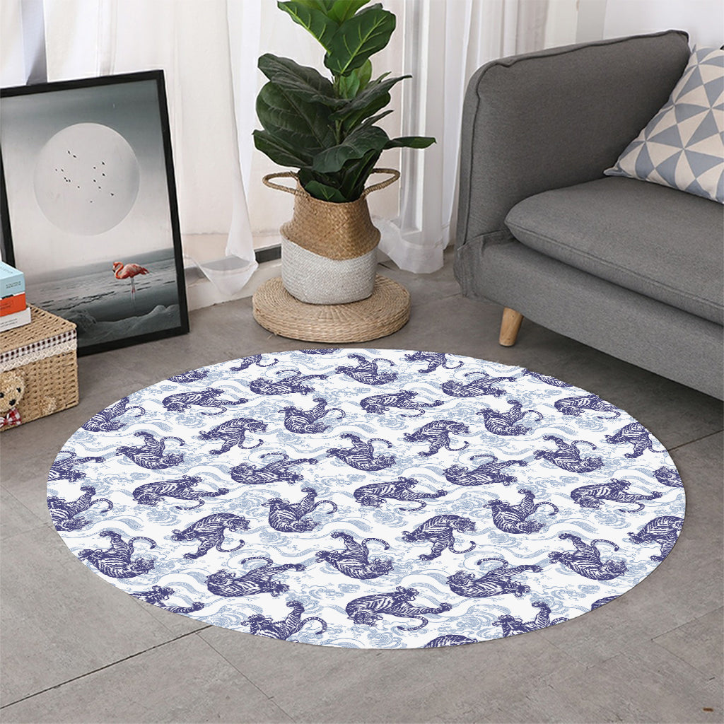 Japanese White Tiger Pattern Print Round Rug