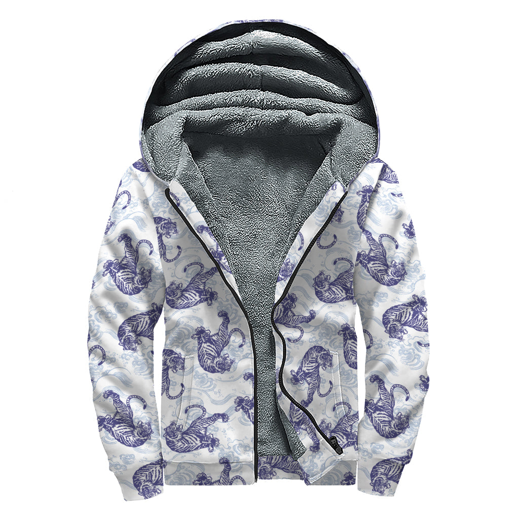 Japanese White Tiger Pattern Print Sherpa Lined Zip Up Hoodie