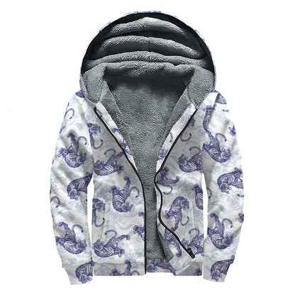 Japanese White Tiger Pattern Print Sherpa Lined Zip Up Hoodie