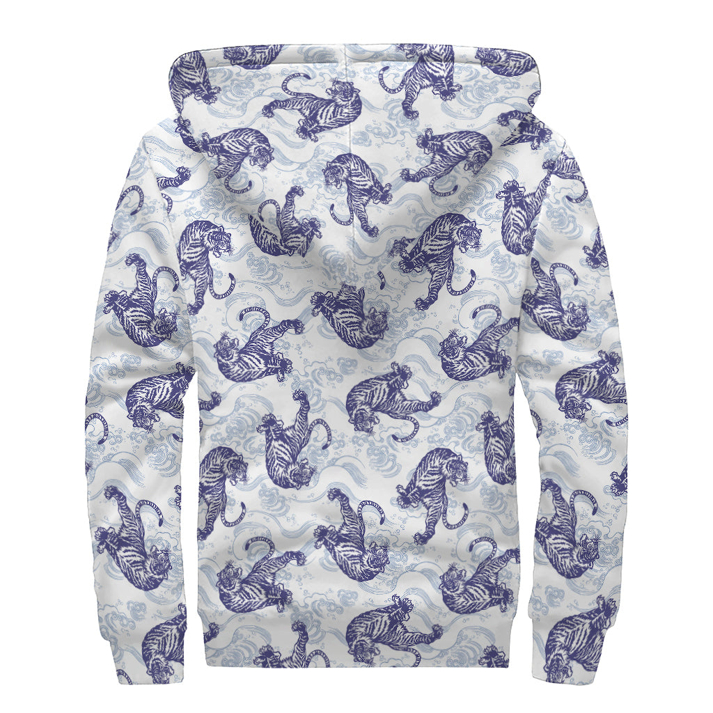 Japanese White Tiger Pattern Print Sherpa Lined Zip Up Hoodie