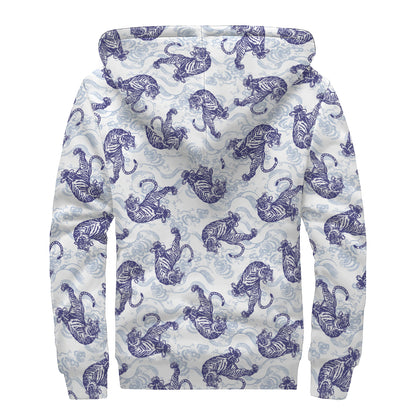 Japanese White Tiger Pattern Print Sherpa Lined Zip Up Hoodie