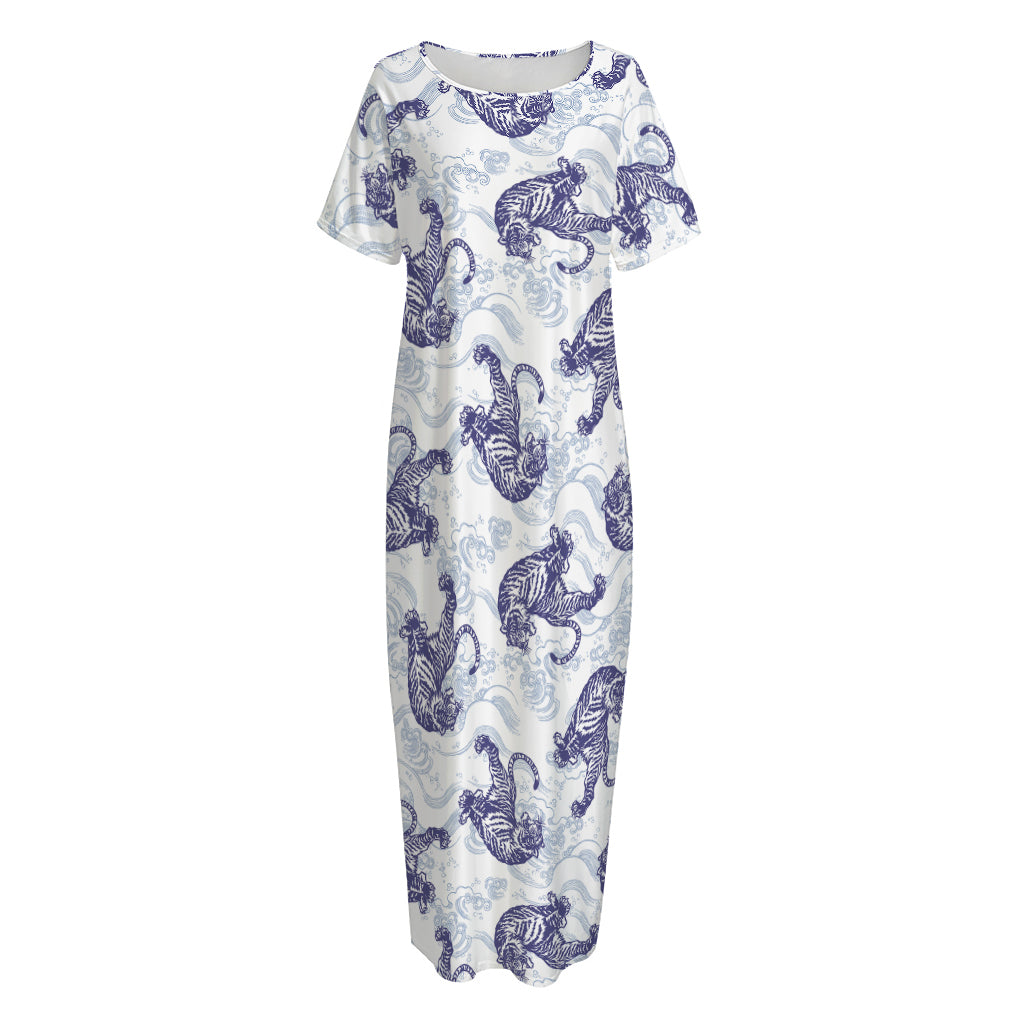 Japanese White Tiger Pattern Print Short Sleeve Long Nightdress