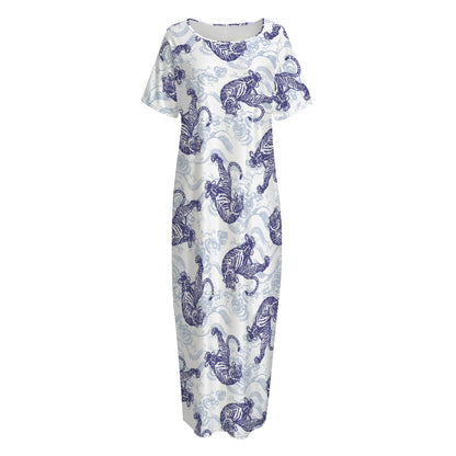 Japanese White Tiger Pattern Print Short Sleeve Long Nightdress