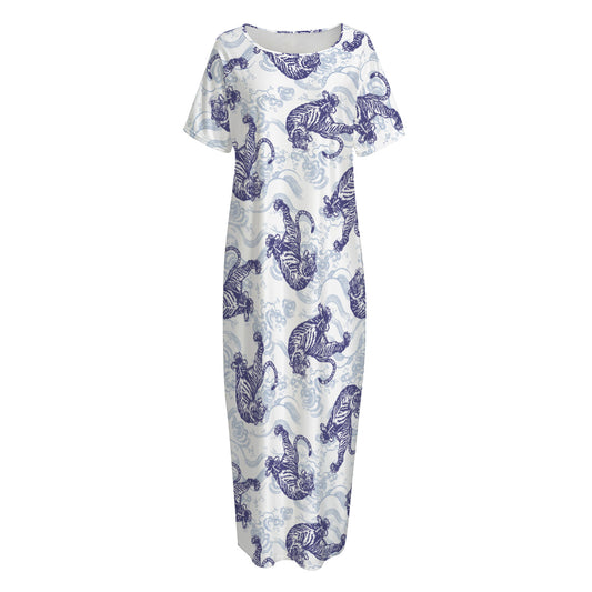 Japanese White Tiger Pattern Print Short Sleeve Long Nightdress