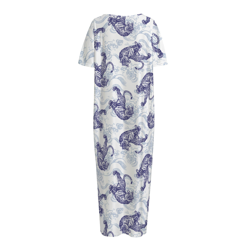 Japanese White Tiger Pattern Print Short Sleeve Long Nightdress