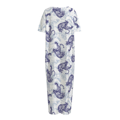 Japanese White Tiger Pattern Print Short Sleeve Long Nightdress