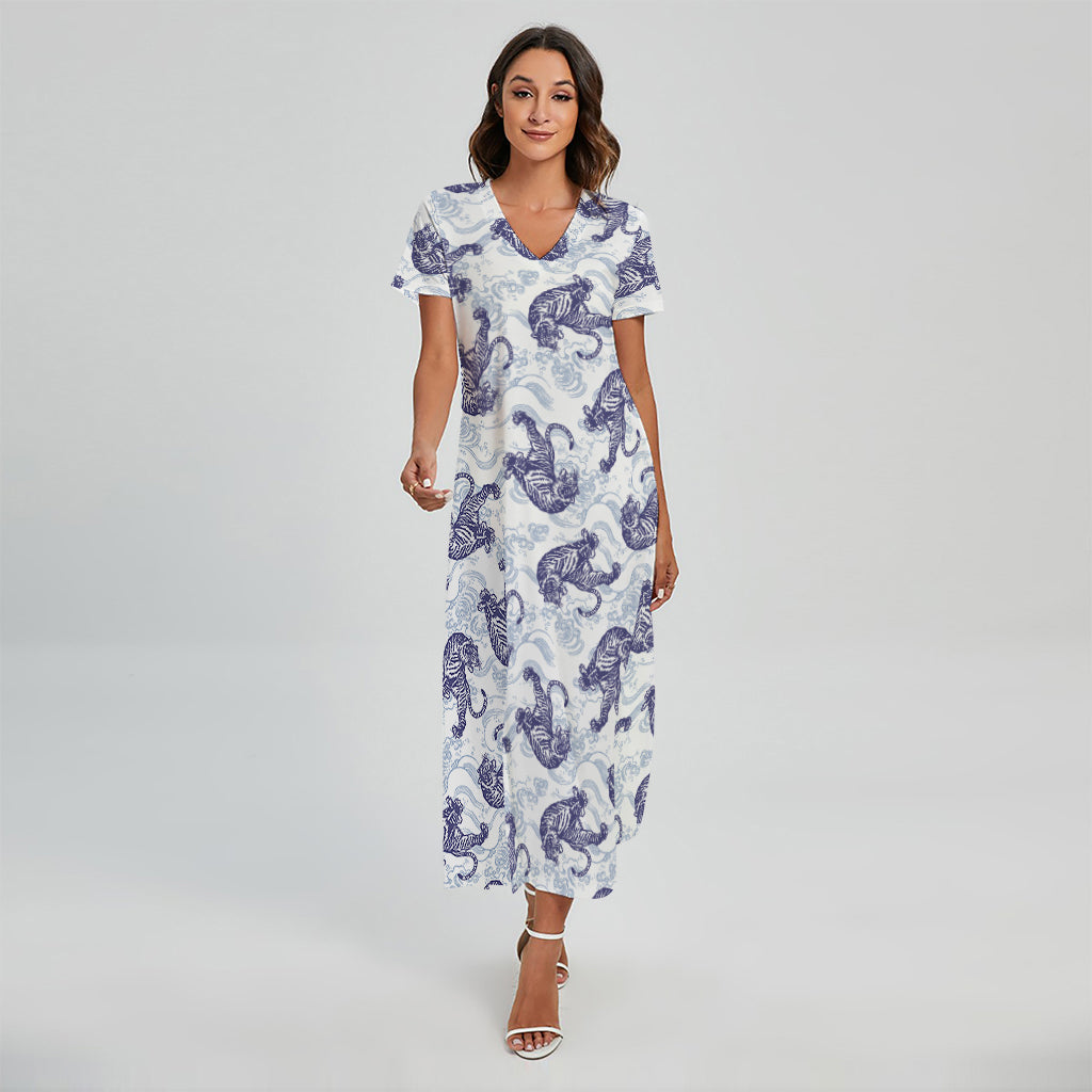 Japanese White Tiger Pattern Print Short Sleeve Maxi Dress