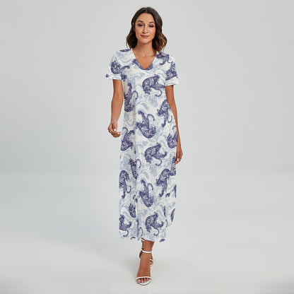 Japanese White Tiger Pattern Print Short Sleeve Maxi Dress