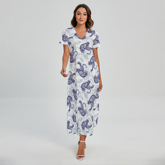 Japanese White Tiger Pattern Print Short Sleeve Maxi Dress