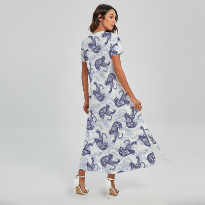 Japanese White Tiger Pattern Print Short Sleeve Maxi Dress