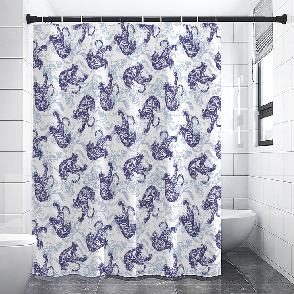 Japanese White Tiger Pattern Print Shower Curtain