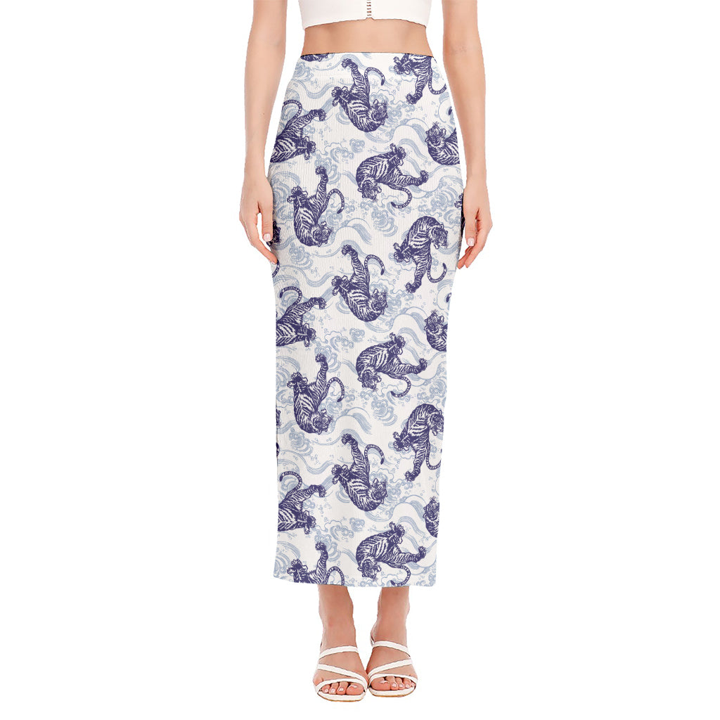 Japanese White Tiger Pattern Print Side Slit Maxi Skirt