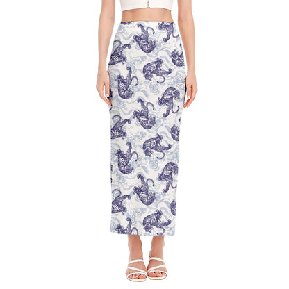 Japanese White Tiger Pattern Print Side Slit Maxi Skirt