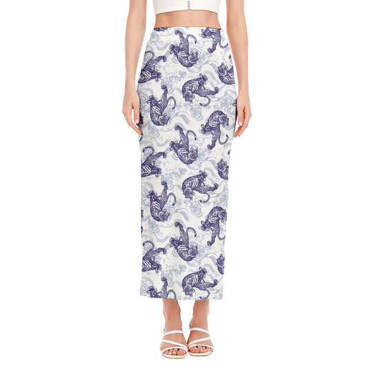Japanese White Tiger Pattern Print Side Slit Maxi Skirt