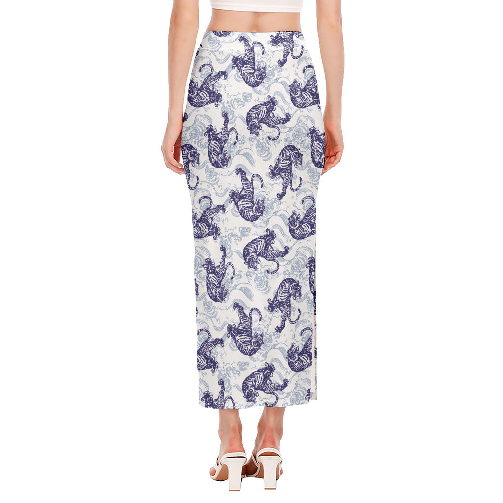 Japanese White Tiger Pattern Print Side Slit Maxi Skirt