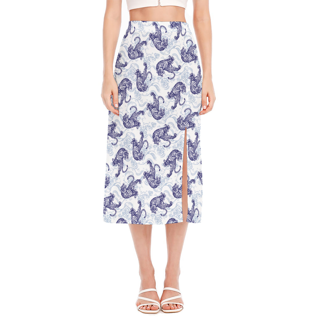 Japanese White Tiger Pattern Print Side Slit Midi Skirt