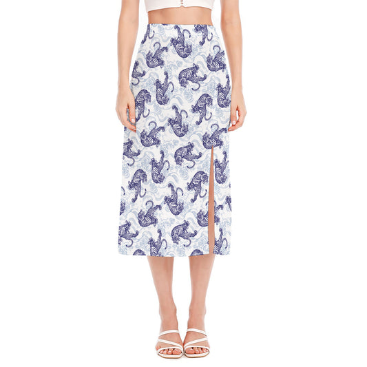 Japanese White Tiger Pattern Print Side Slit Midi Skirt