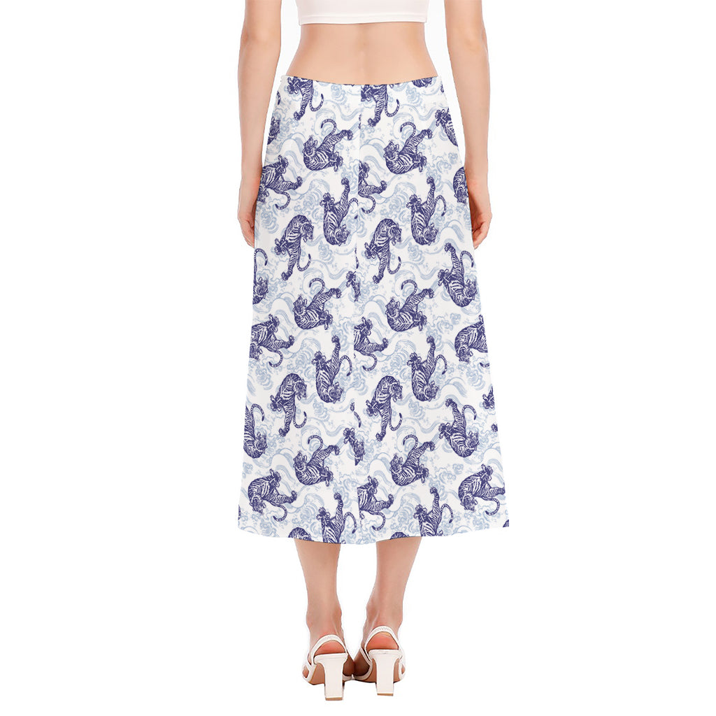 Japanese White Tiger Pattern Print Side Slit Midi Skirt