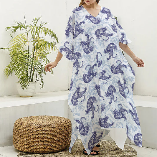 Japanese White Tiger Pattern Print Silk V-Neck Kaftan Dress