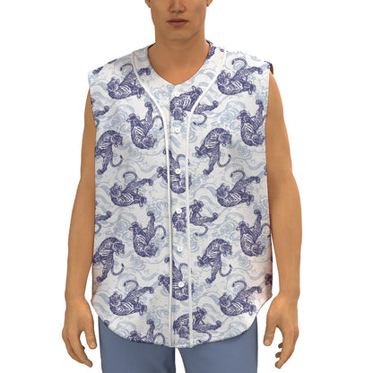 Japanese White Tiger Pattern Print Sleeveless Baseball Jersey