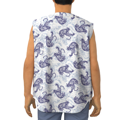 Japanese White Tiger Pattern Print Sleeveless Baseball Jersey