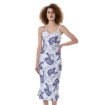 Japanese White Tiger Pattern Print Slim Fit Midi Cami Dress