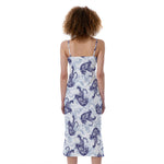 Japanese White Tiger Pattern Print Slim Fit Midi Cami Dress