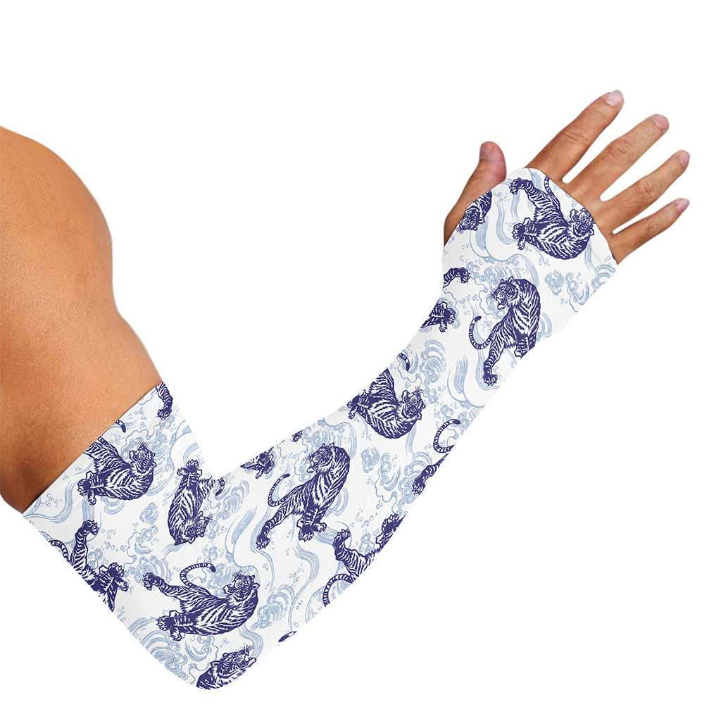Japanese White Tiger Pattern Print Sun Protection Arm Sleeves