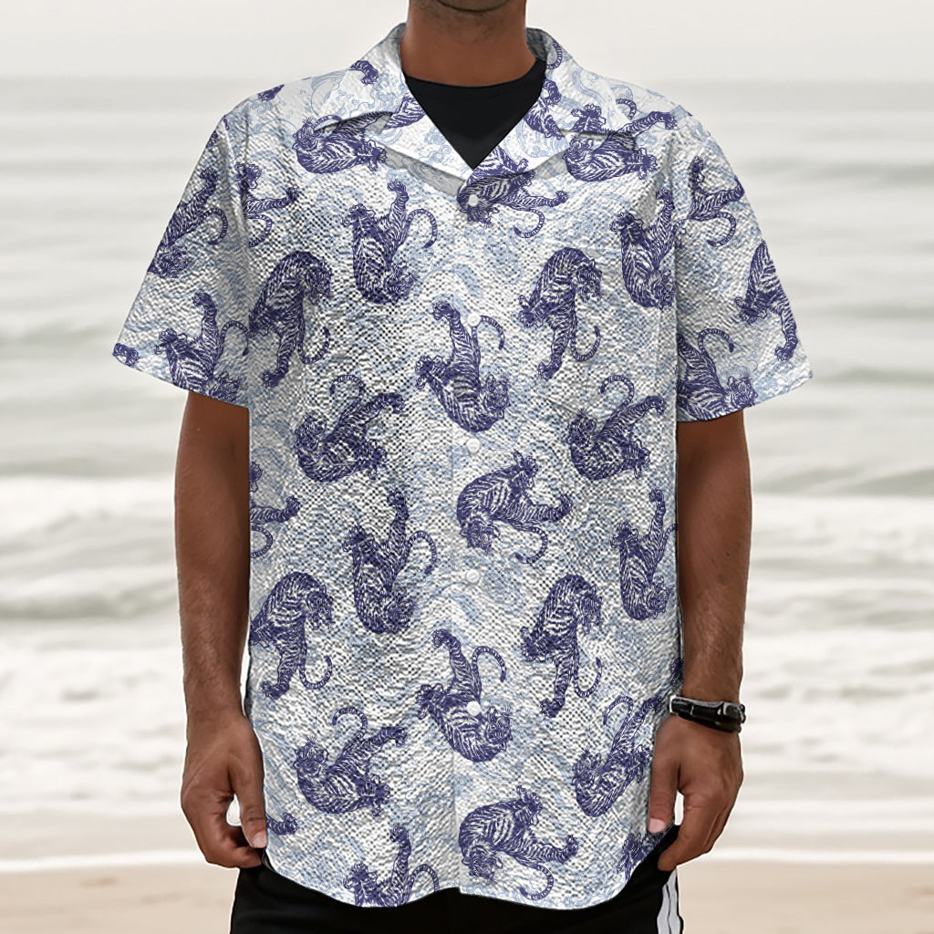 Japanese White Tiger Pattern Print Textured Short Sleeve Shirt