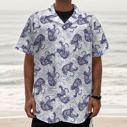 Japanese White Tiger Pattern Print Textured Short Sleeve Shirt