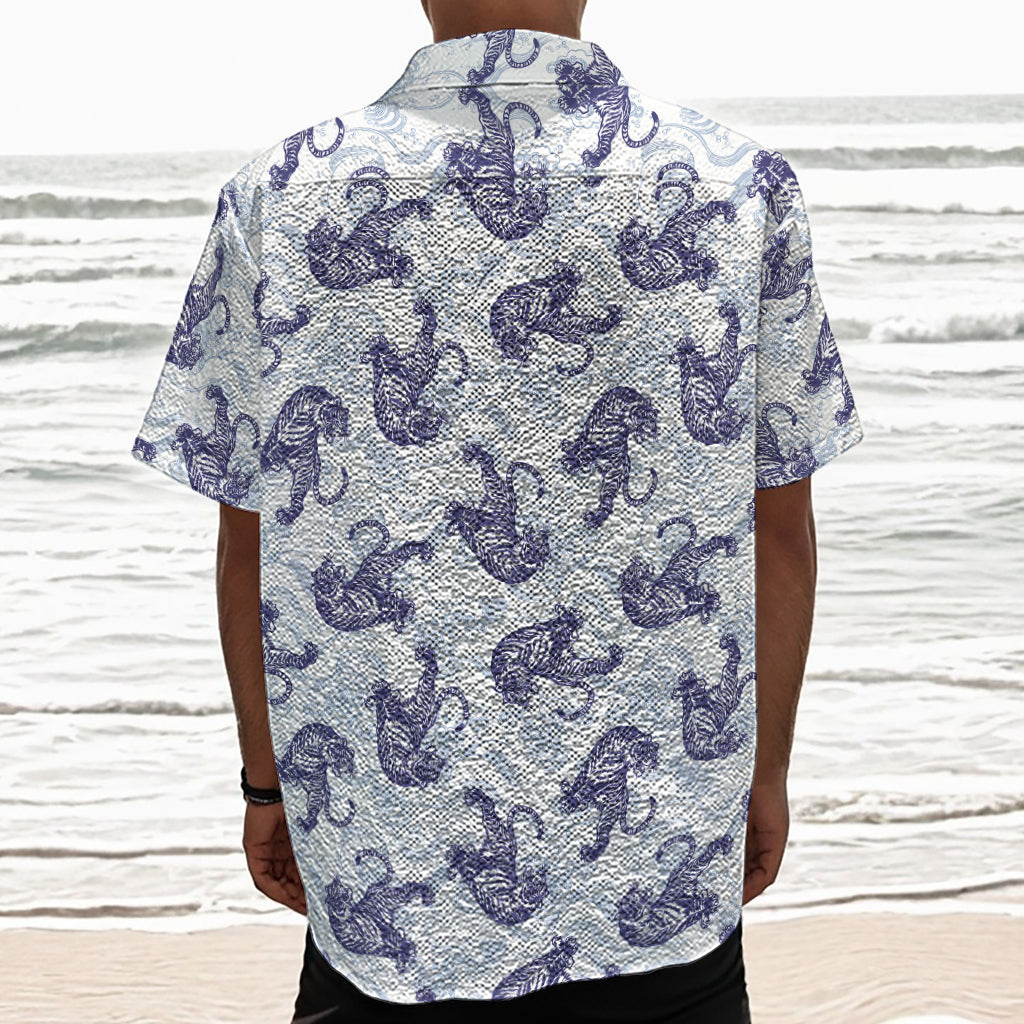 Japanese White Tiger Pattern Print Textured Short Sleeve Shirt