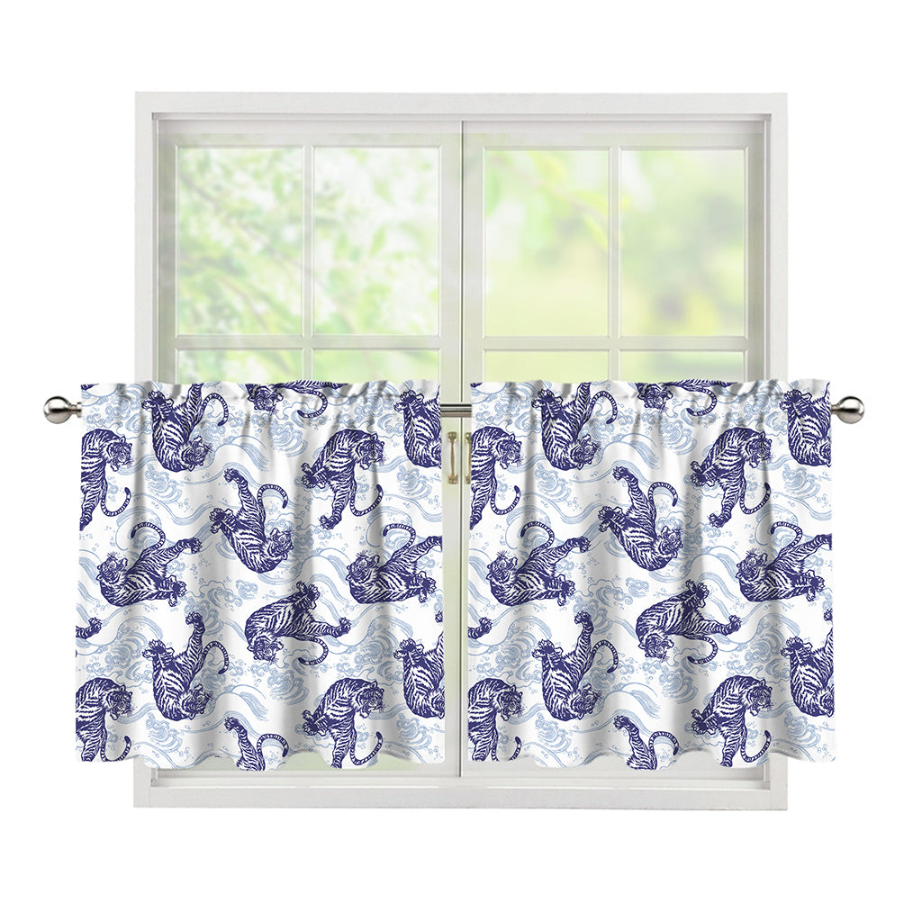 Japanese White Tiger Pattern Print Tier Curtains